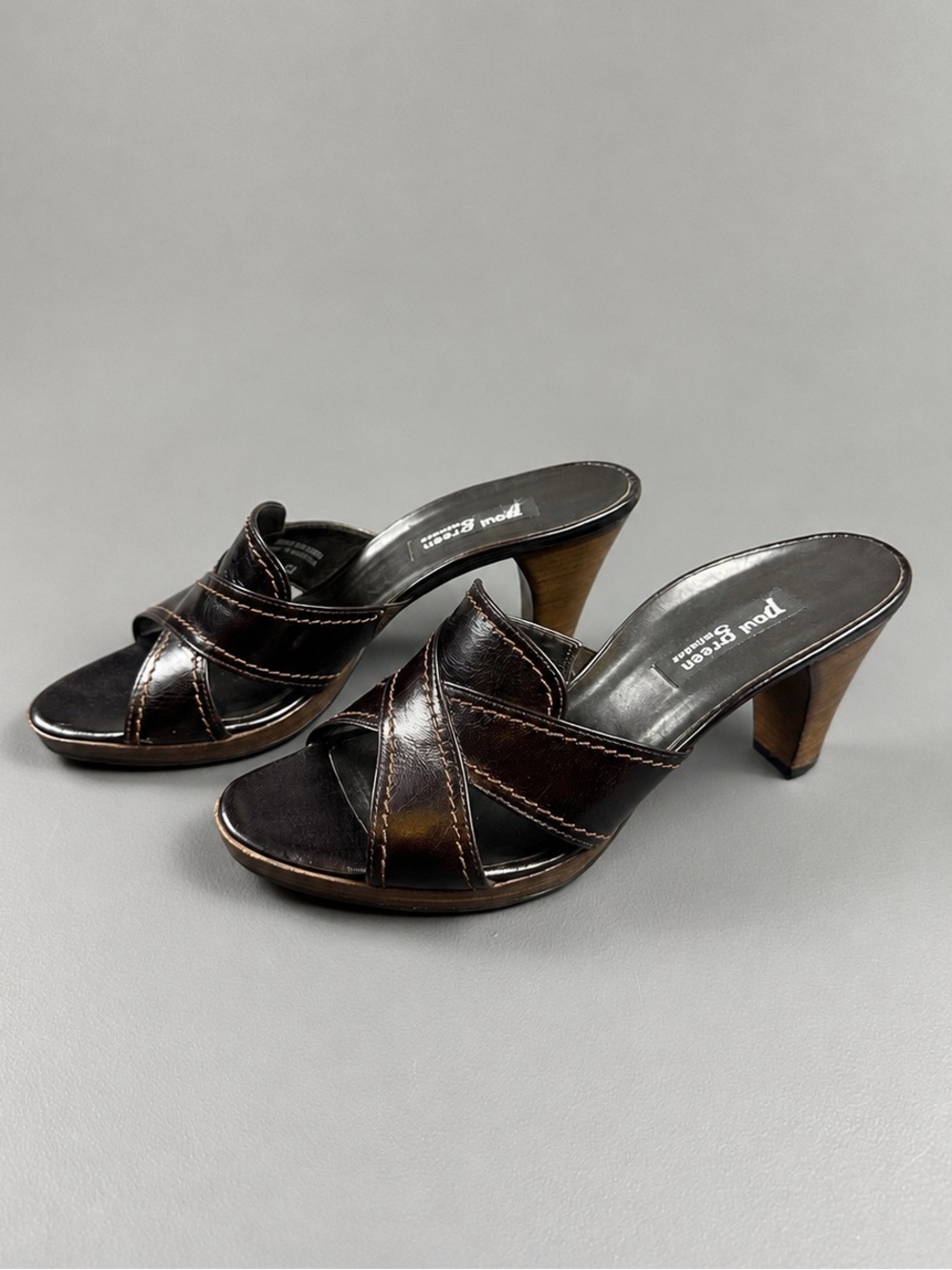 Paul Green München Brown Leather Heeled Mule Sandals Cross Strap US 8.5 UK 6